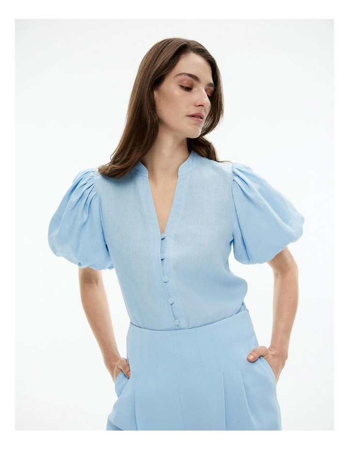 Witchery Hemp Puff Sleeve Blouse in Soft Blue | MYER
