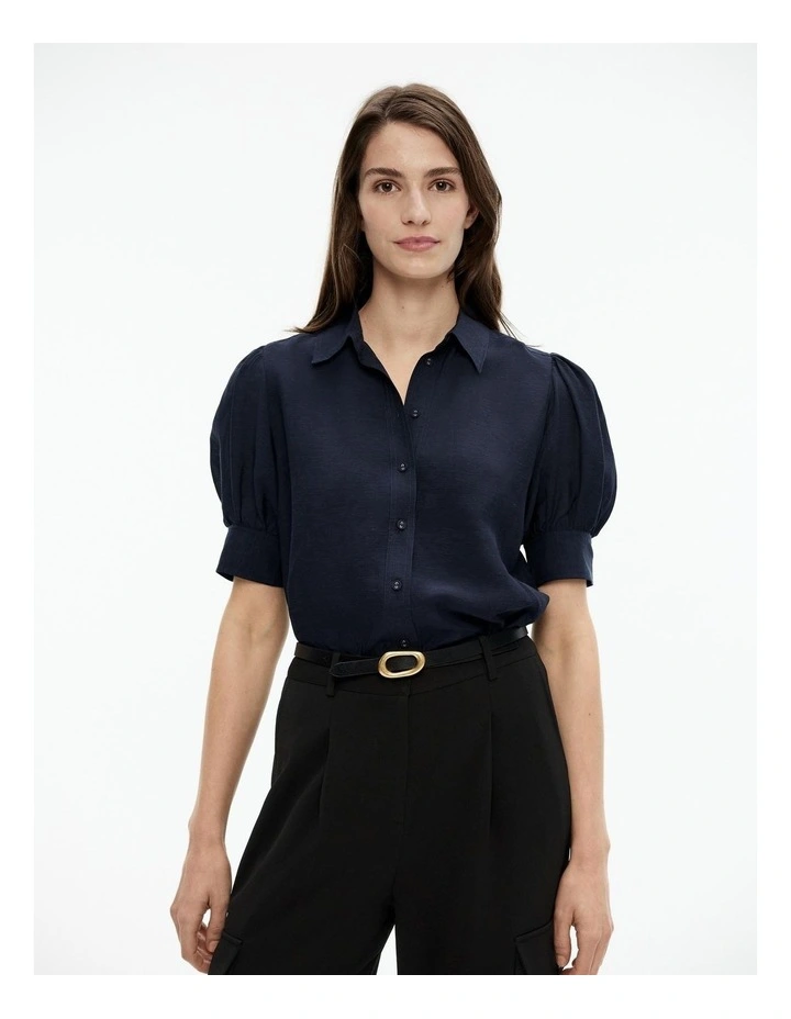 Gathered Puff Sleeve Blouse in Blue Night image 1