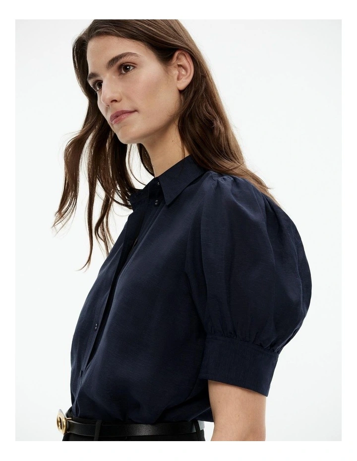 Gathered Puff Sleeve Blouse in Blue Night image 3