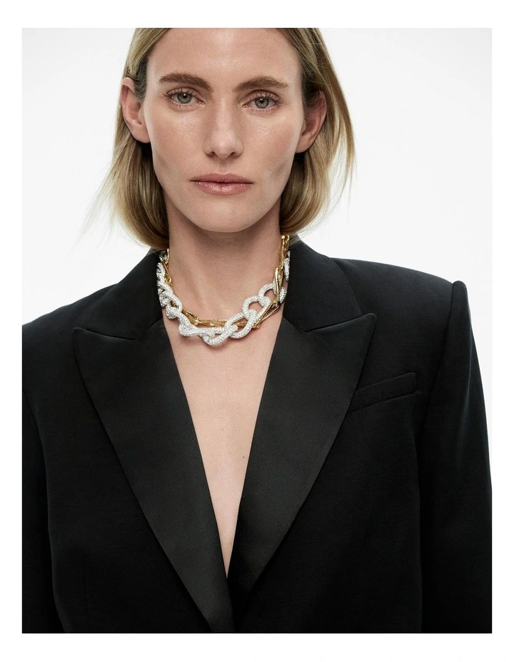 Linen Blend Cropped Tuxedo Blazer in Black image 3