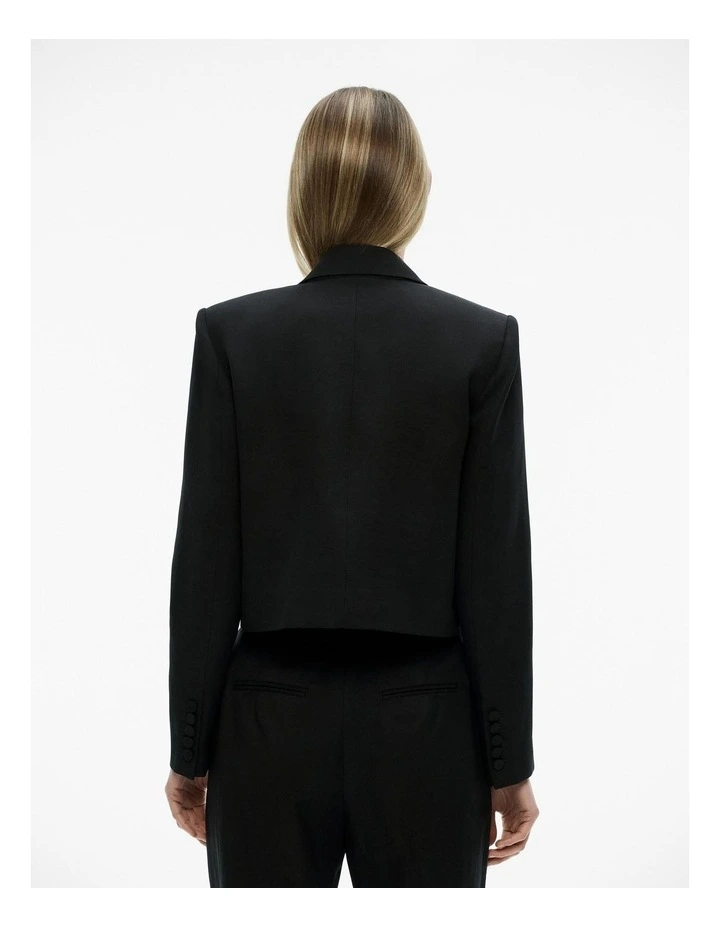 Linen Blend Cropped Tuxedo Blazer in Black image 4