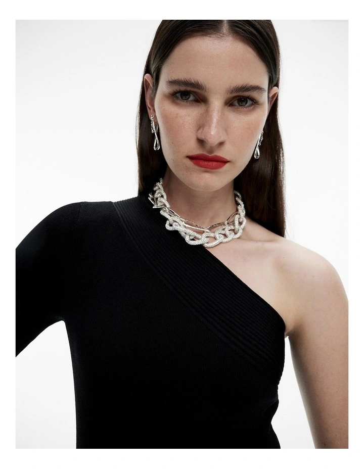 One Shoulder Knit Top in Black image 3