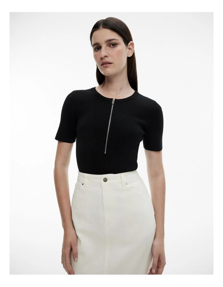 Zip Front Rib Knit in Black image 1