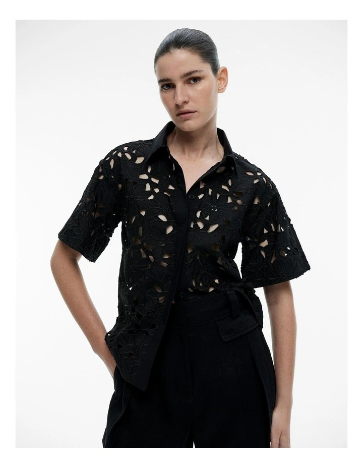 Lace Short Sleeve Shirt in Black image 1