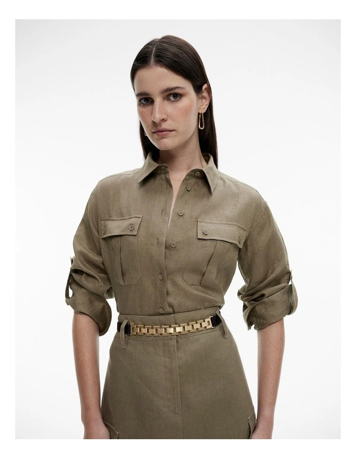 French Linen Pocket Detail Shirt in Washed Green image 1