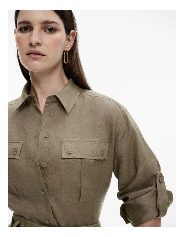 French Linen Pocket Detail Shirt in Washed Green image 3