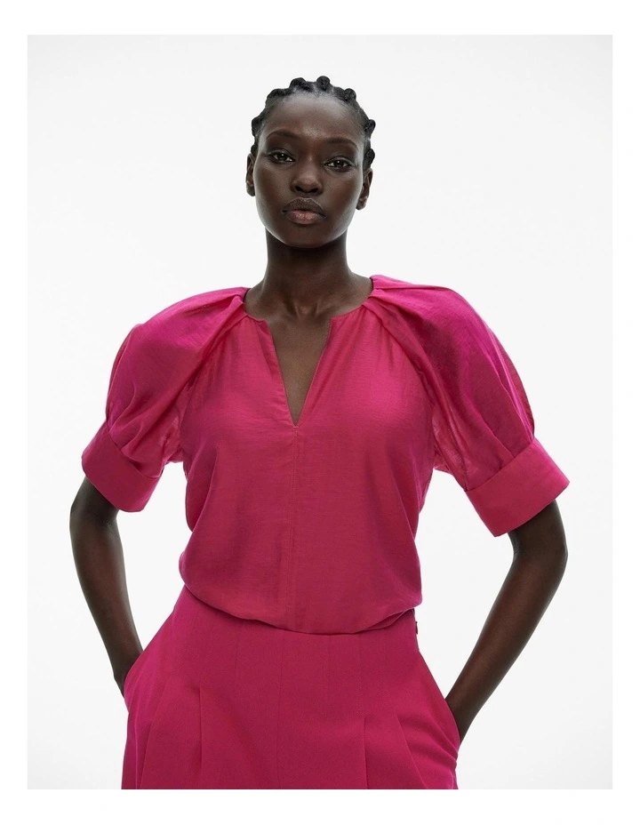 Pleat Detail Cuff Blouse Top in Dahlia Pink image 1