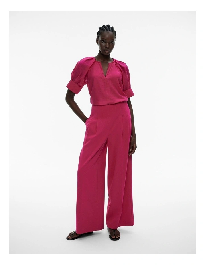 Pleat Detail Cuff Blouse Top in Dahlia Pink image 2