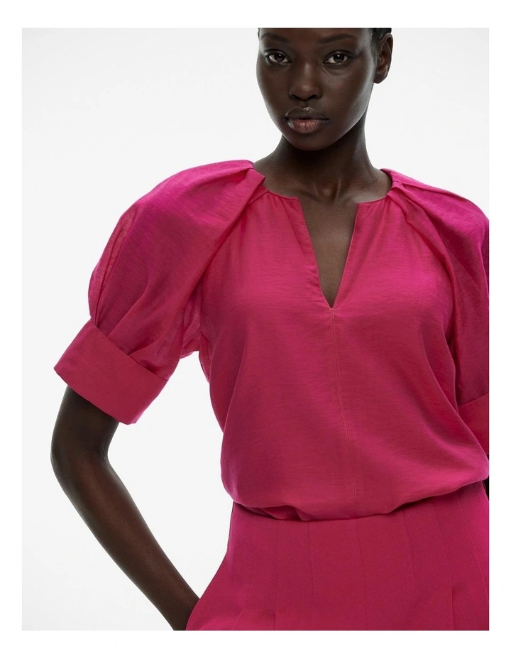 Pleat Detail Cuff Blouse Top in Dahlia Pink image 3