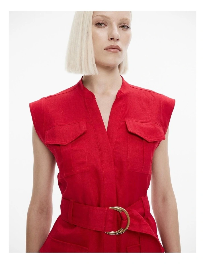 French Linen Utility Dress in Rich Red image 3
