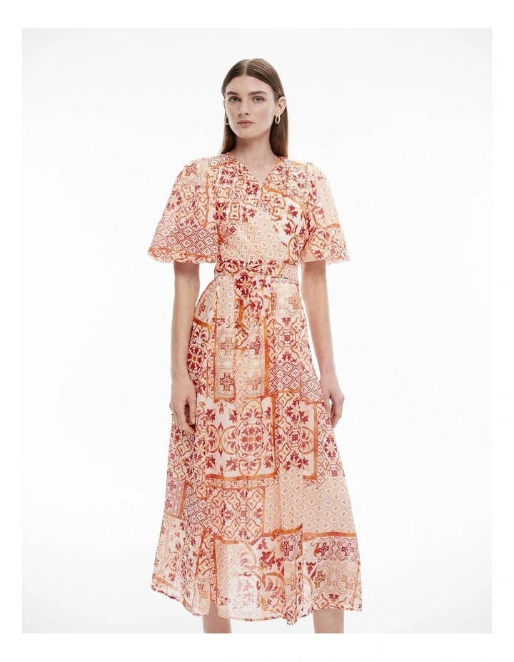 Silk Linen Tile Midi Dress in Light Red image 2