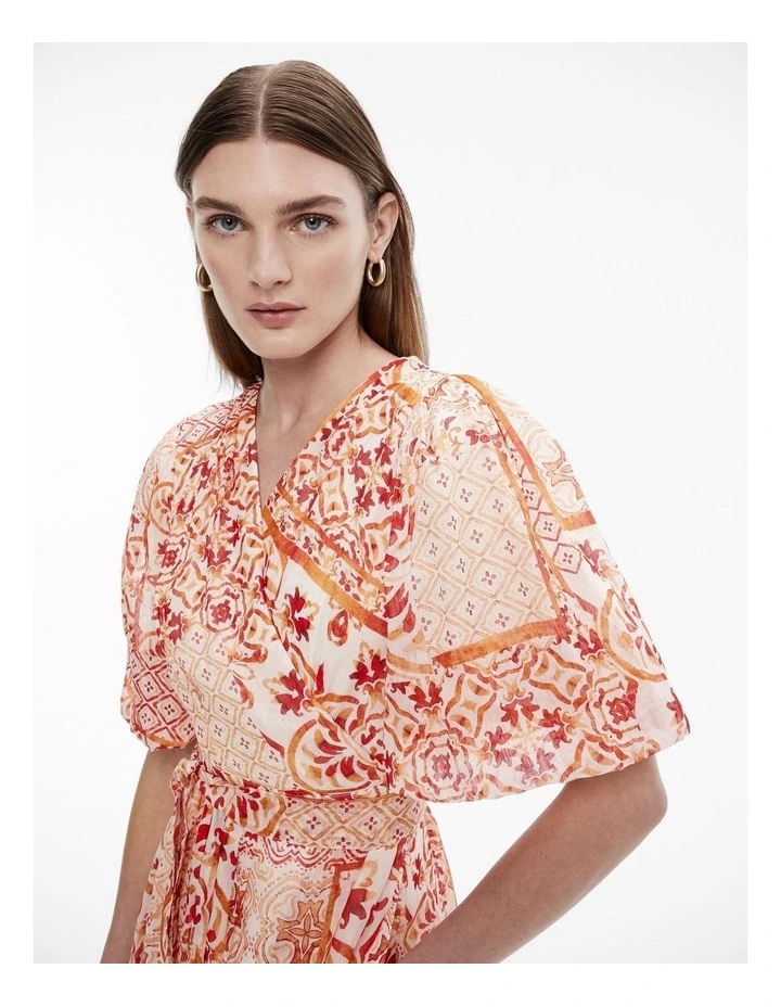 Silk Linen Tile Midi Dress in Light Red image 3