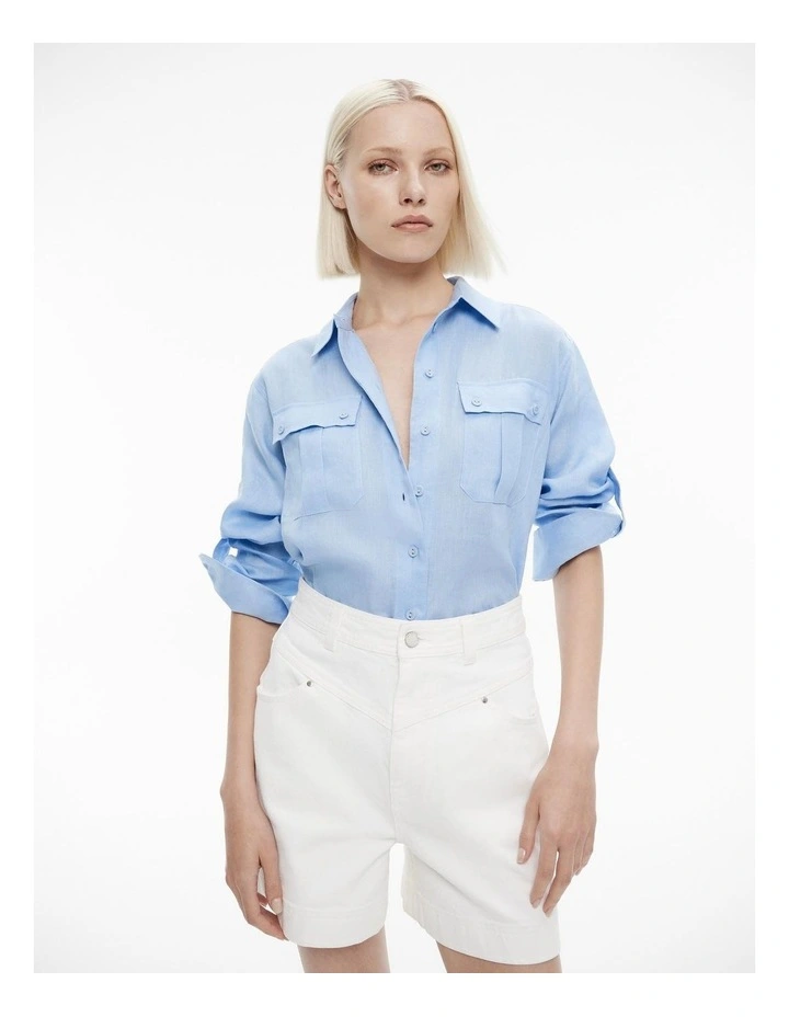 French Linen Pocket Detail Shirt in Pastel Blue image 1