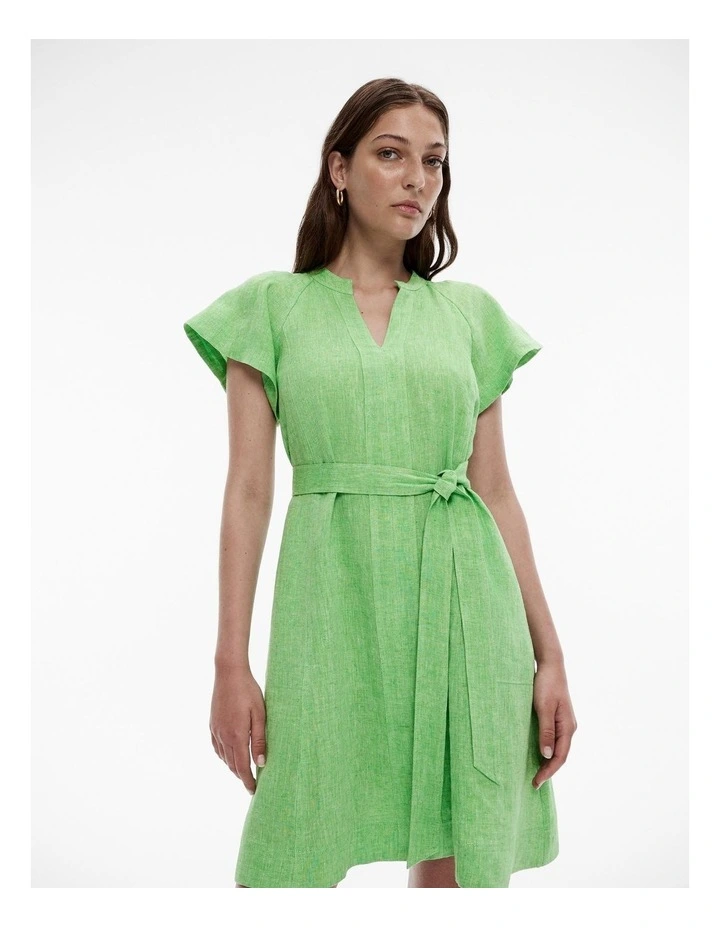 Yarn Dye French Linen Raglan Sleeve Dress in Lime Green image 2