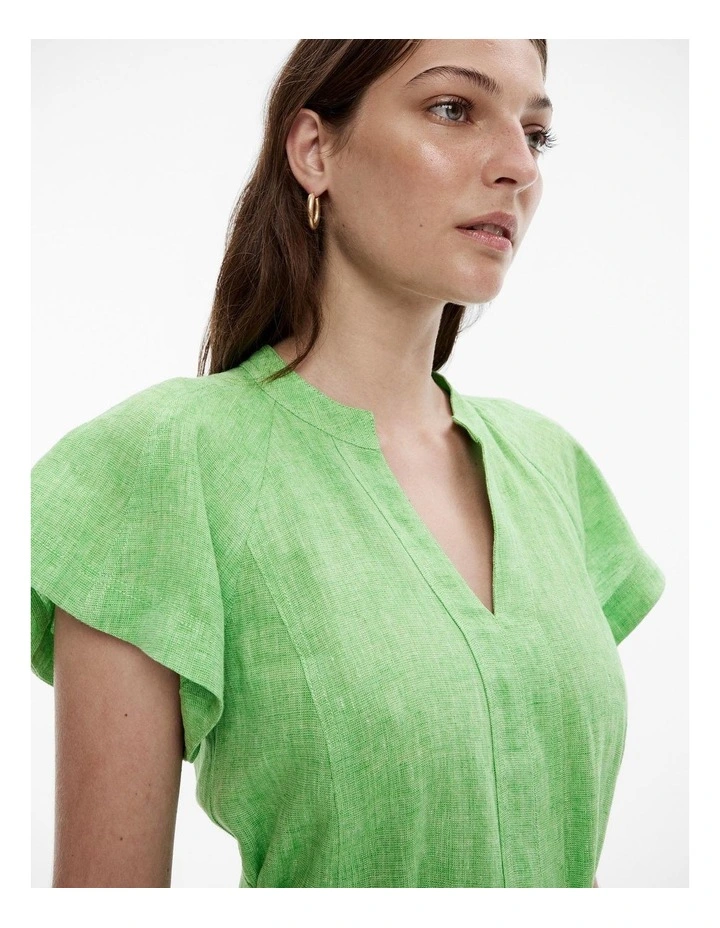 Yarn Dye French Linen Raglan Sleeve Dress in Lime Green image 3