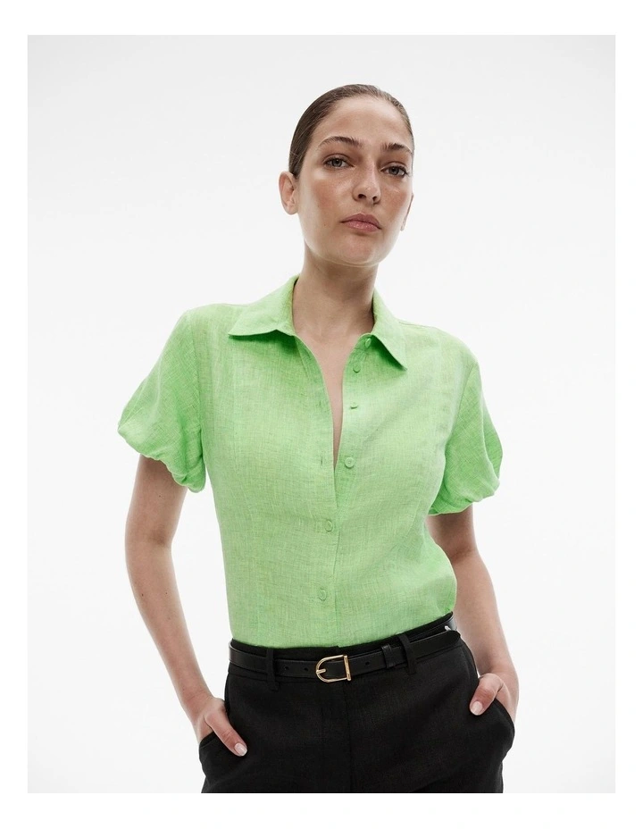 Yarn Dye French Linen Seam Detail Shirt in Lime Green image 1