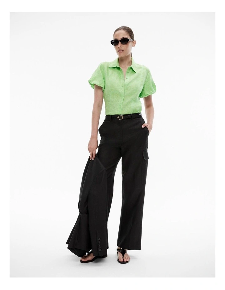 Yarn Dye French Linen Seam Detail Shirt in Lime Green image 2