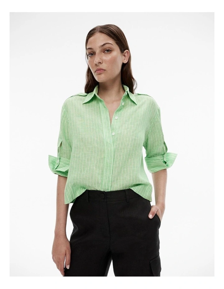 French Linen Stripe Crop Shirt in Green image 1