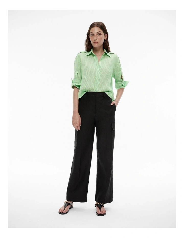 French Linen Stripe Crop Shirt in Green image 2
