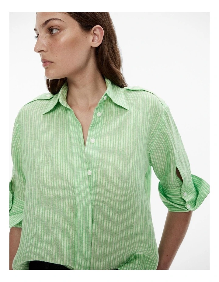 French Linen Stripe Crop Shirt in Green image 3