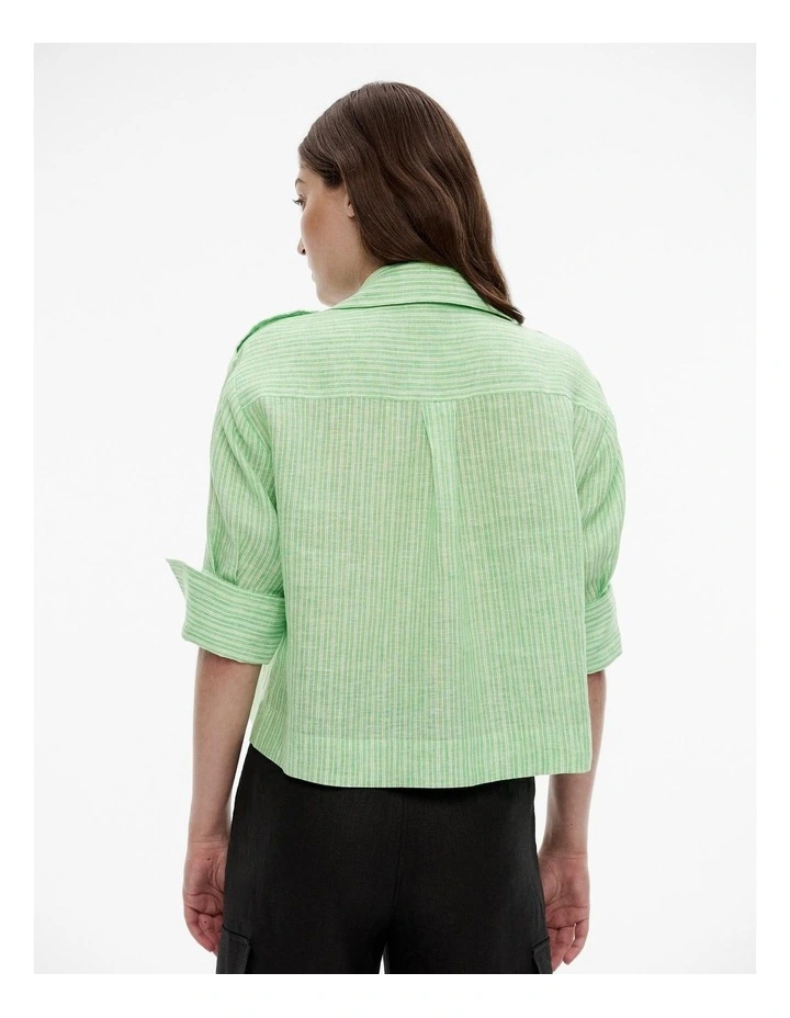French Linen Stripe Crop Shirt in Green image 4