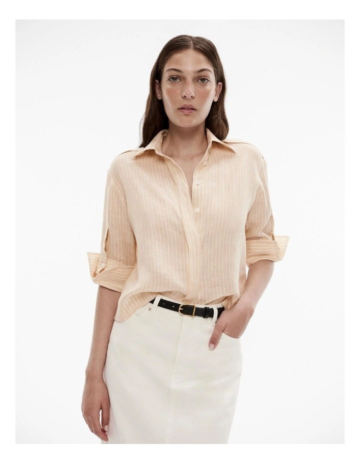 French Linen Stripe Crop Top in Safari Brown image 1