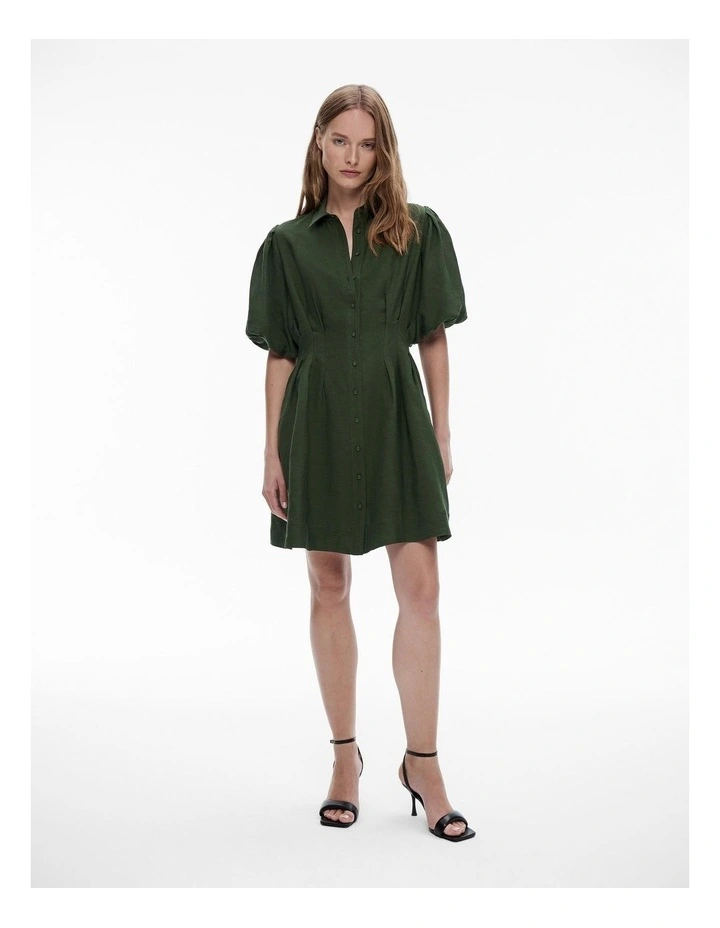 Dart Detail Puff Sleeve Dress in Forest Green image 1