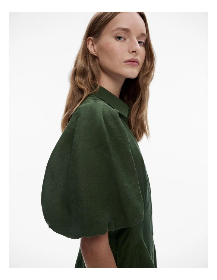 Dart Detail Puff Sleeve Dress in Forest Green image 3
