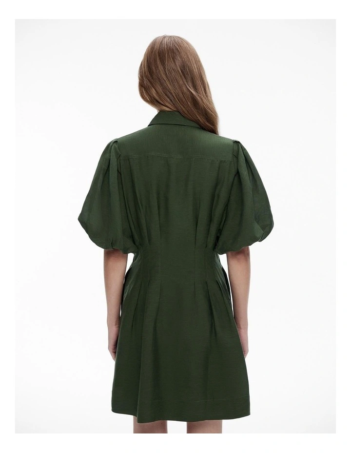 Dart Detail Puff Sleeve Dress in Forest Green image 4