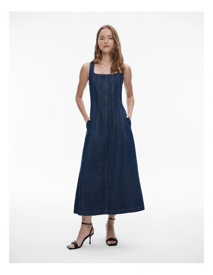 Denim Seam Detail Dress in Dark Indigo image 1