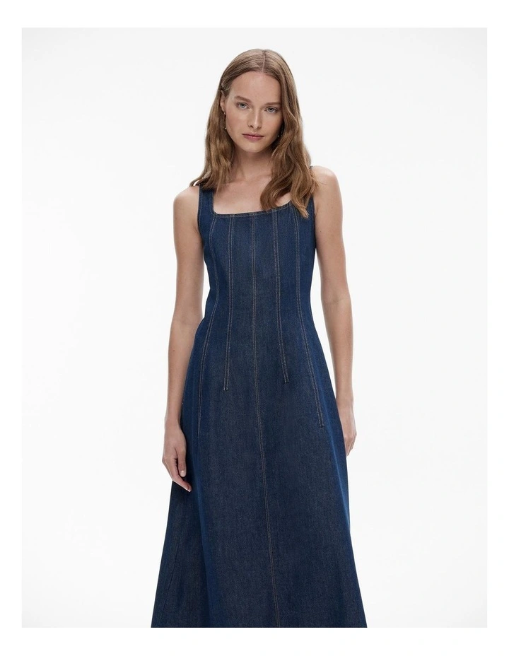 Denim Seam Detail Dress in Dark Indigo image 2