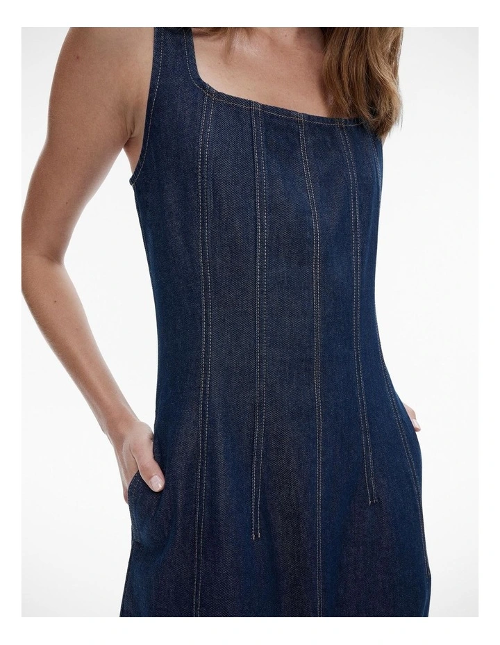 Denim Seam Detail Dress in Dark Indigo image 4