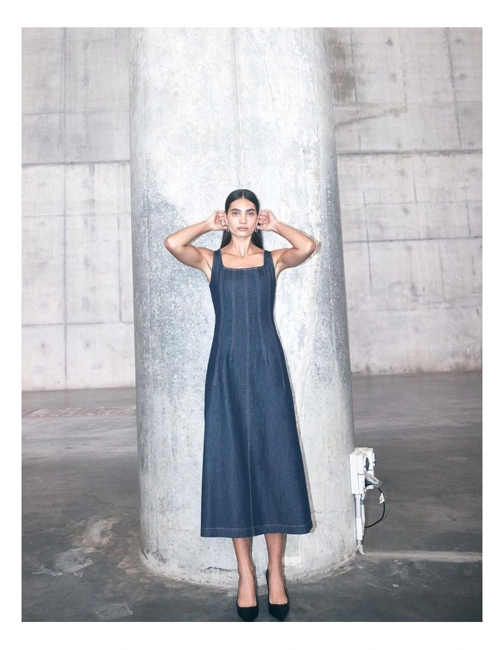 Denim Seam Detail Dress in Dark Indigo image 6
