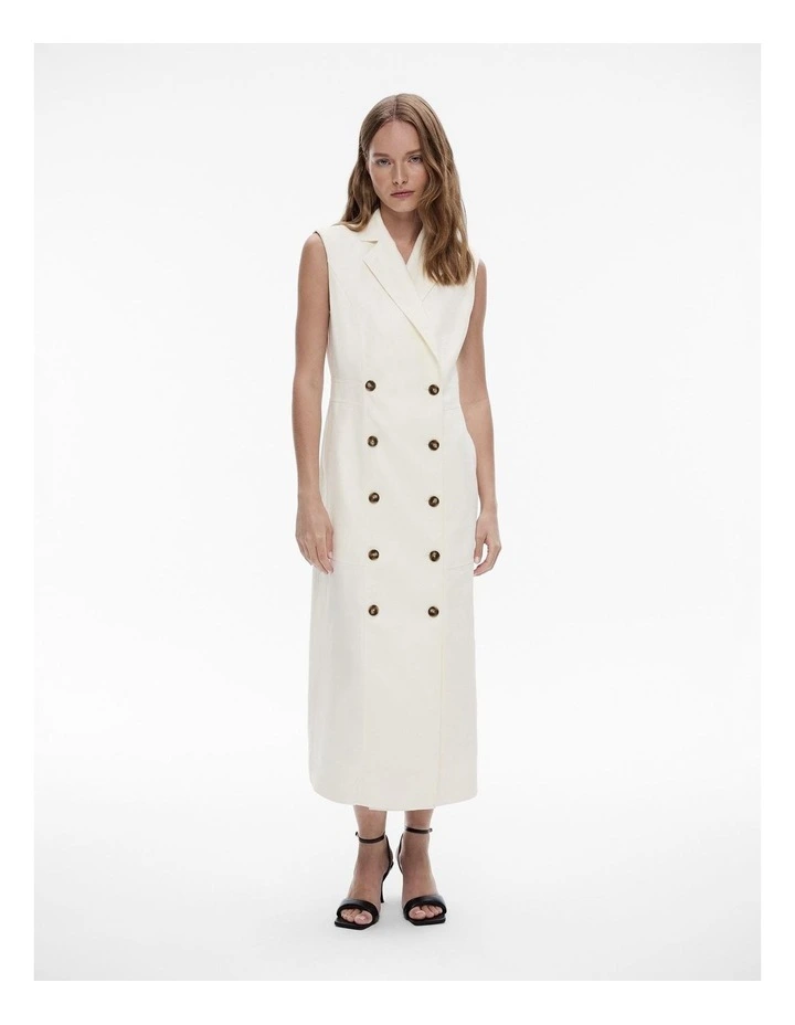 Linen Tailored Double Breasted Midi Dress in Chalk image 1