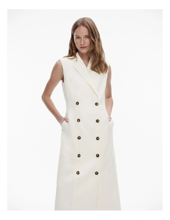 Linen Tailored Double Breasted Midi Dress in Chalk image 2