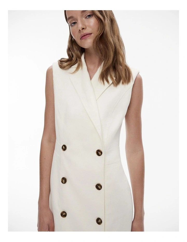 Linen Tailored Double Breasted Midi Dress in Chalk image 3