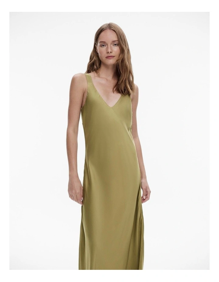 Satin Slip Dress in Army Green image 2