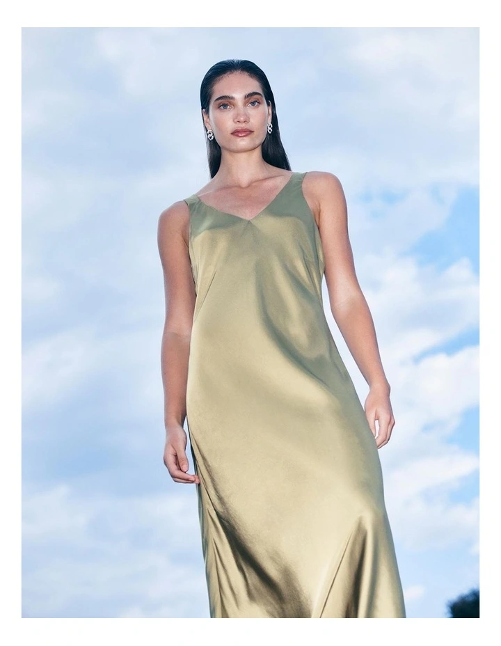 Satin Slip Dress in Army Green image 5