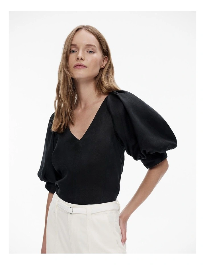 French Linen Puff Sleeve Blouse in Black image 1