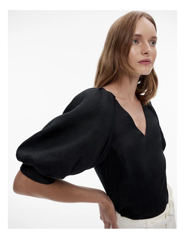 French Linen Puff Sleeve Blouse in Black image 3