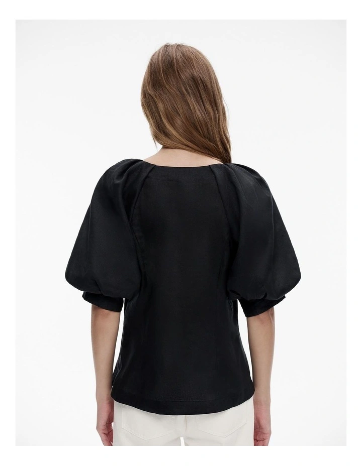 French Linen Puff Sleeve Blouse in Black image 4