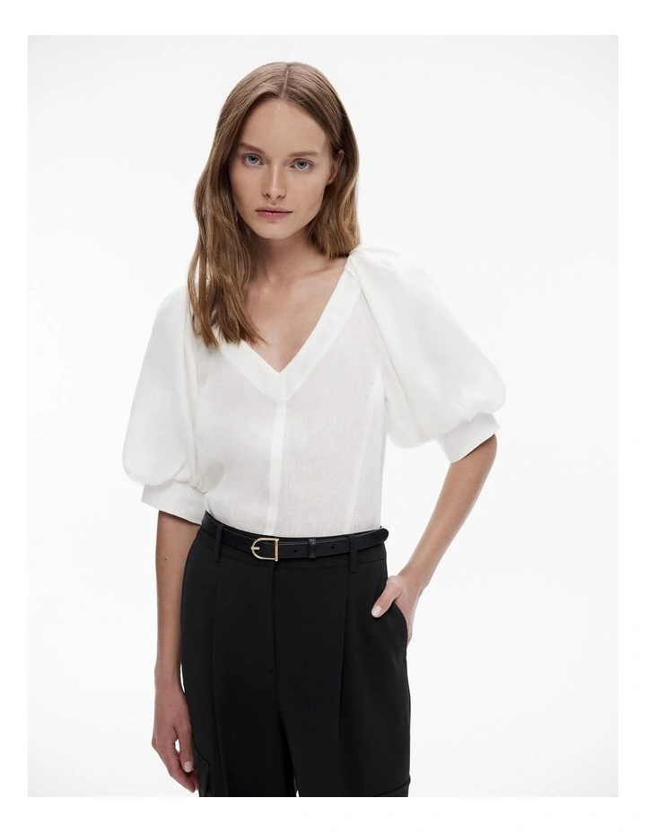 French Linen Puff Sleeve Blouse in Chalk image 1