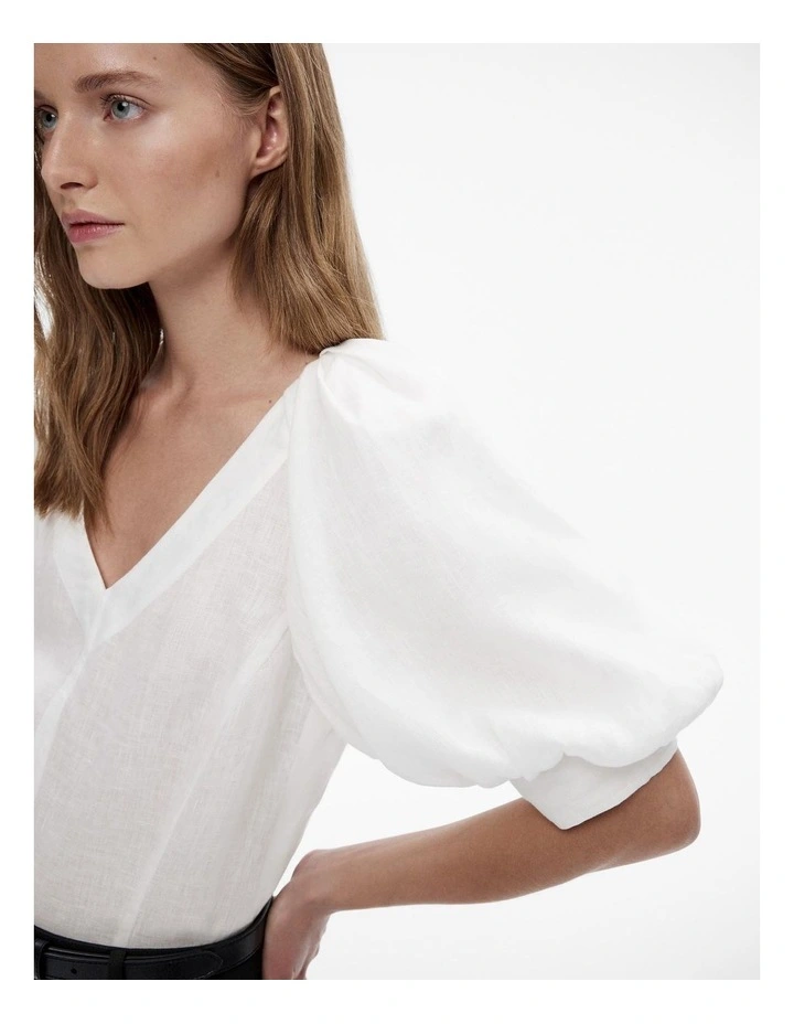 French Linen Puff Sleeve Blouse in Chalk image 3