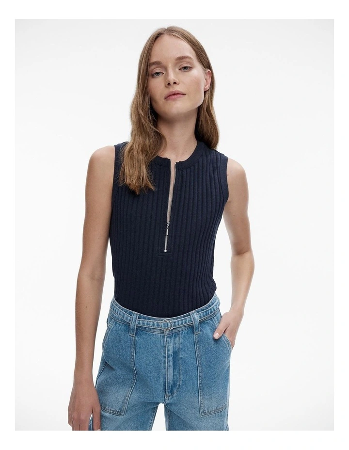 Cotton Rib Zip Tank Top in Navy Marle image 1
