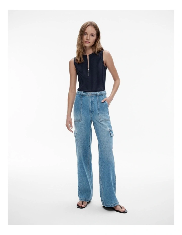 Cotton Rib Zip Tank Top in Navy Marle image 2