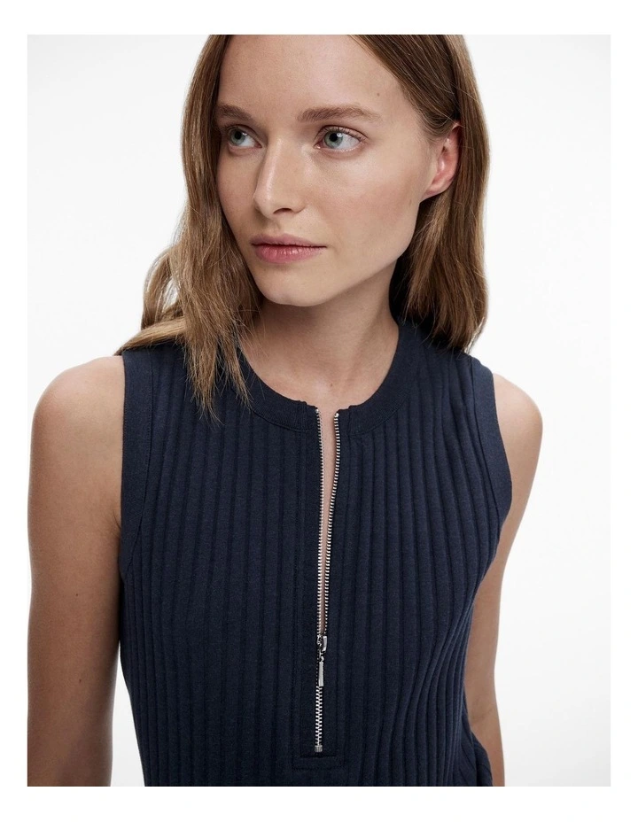 Cotton Rib Zip Tank Top in Navy Marle image 3