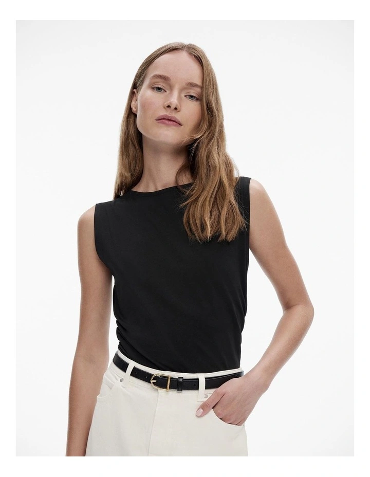 Cotton Blend Gathered Side Tank in Black image 1