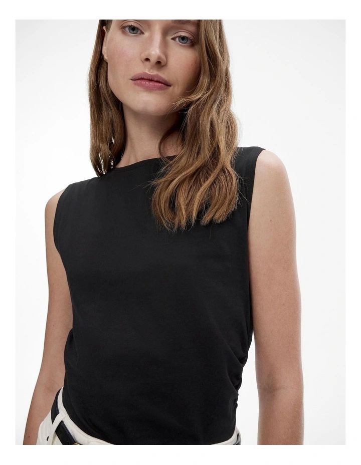 Cotton Blend Gathered Side Tank in Black image 3