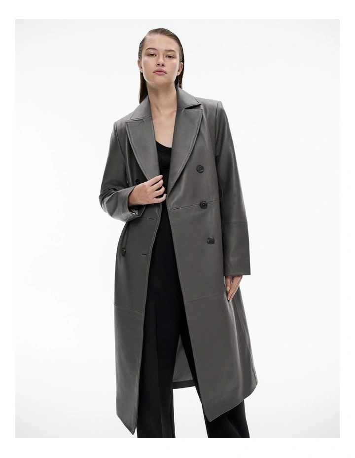 Leather Double Breasted Coat in Mid Grey image 2