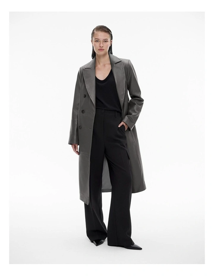 Leather Double Breasted Coat in Mid Grey image 3